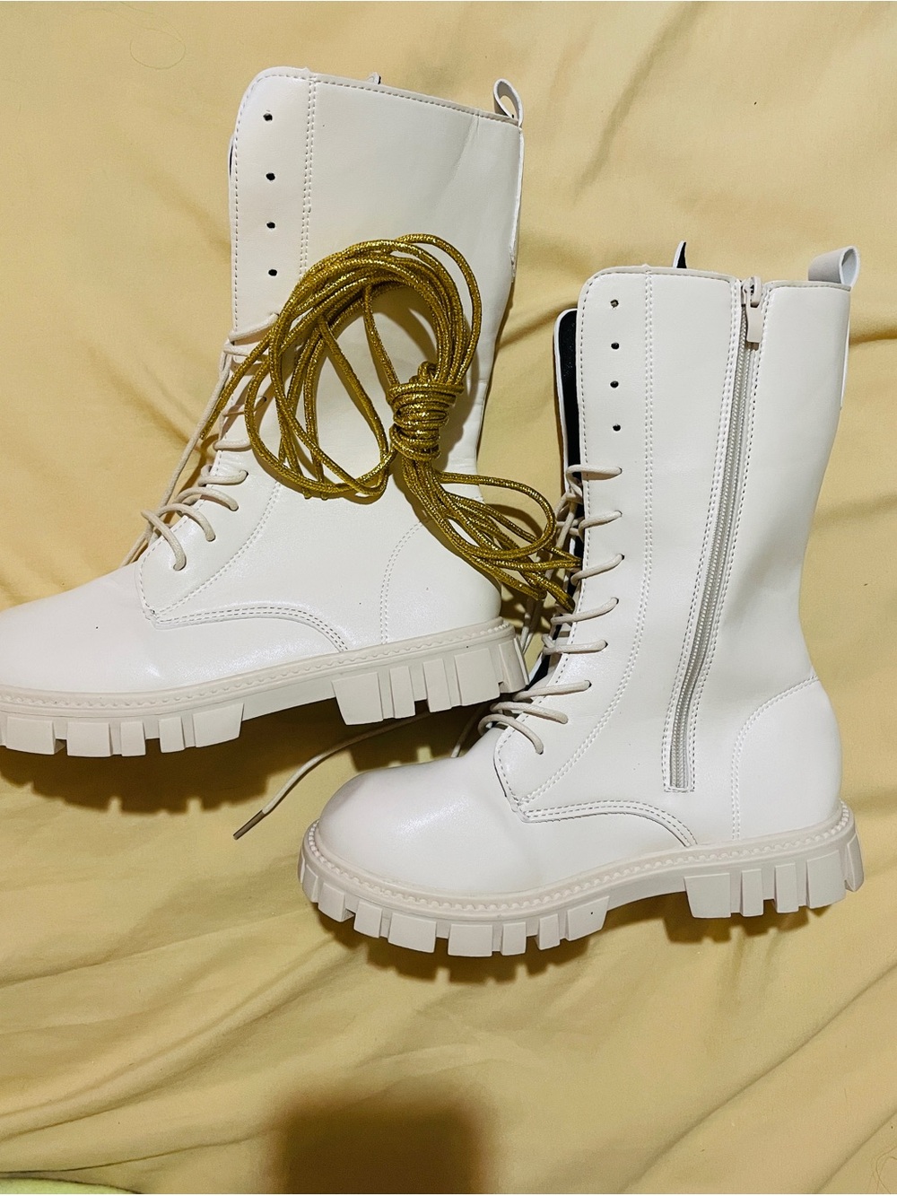 Off-White Lace-Up Combat Boots with Side Zip and gold laces Size 37 EU 6.5-7 US